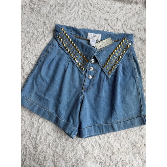 Vintage 90s Cache Studded Denim High Waisted Shorts Light Wash Anchor Jean - Picture 5 of 13